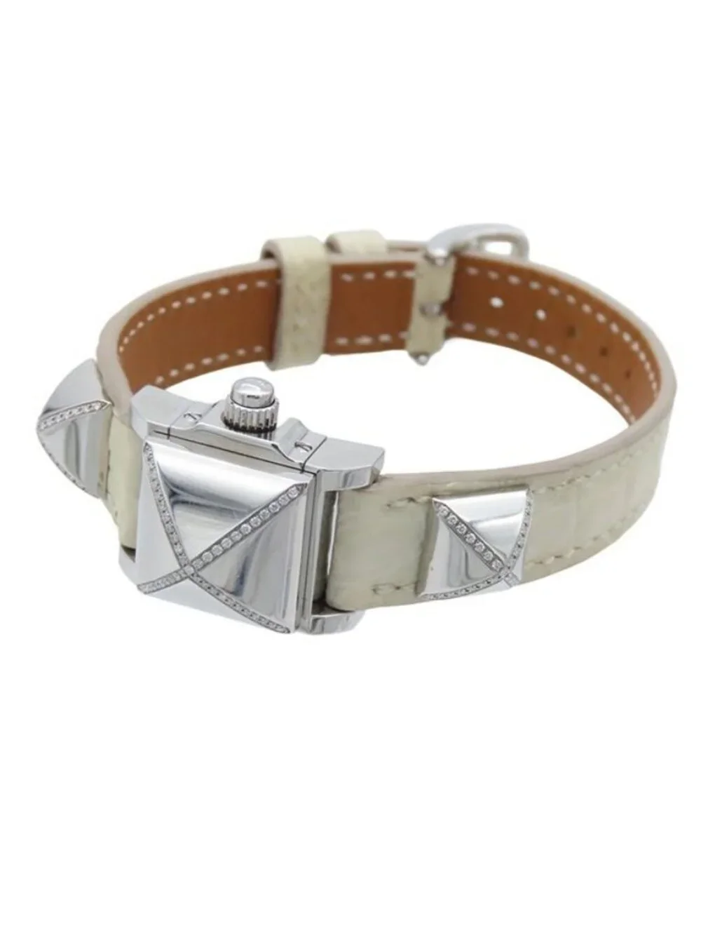 Hermes Mini Medor White SS Diamond Leather Watch